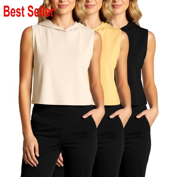 Tops - Dry-Fit Sleeveless Cropped Tank Top Hoodie 3 Pack - Athletic Workout Wear